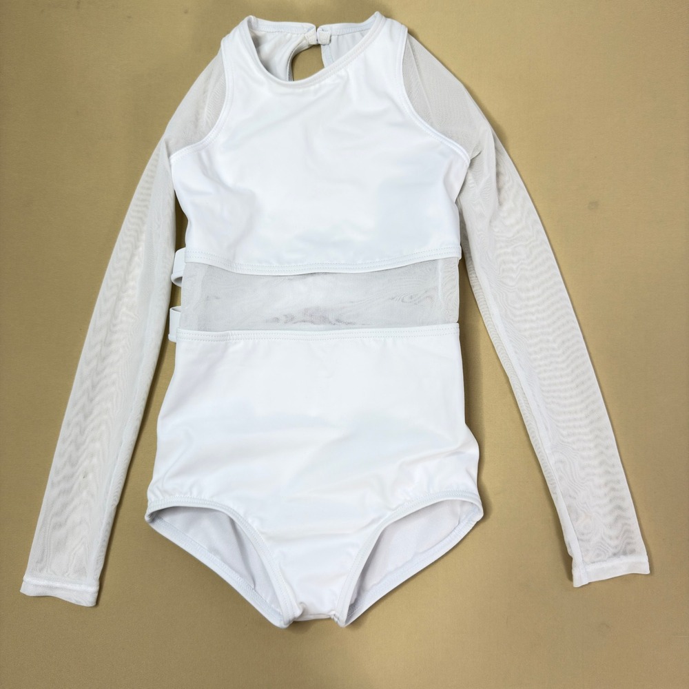 Balera‎ White Long Sleeve Mesh Double X-Back Dance Leotard IC Intermediate Child